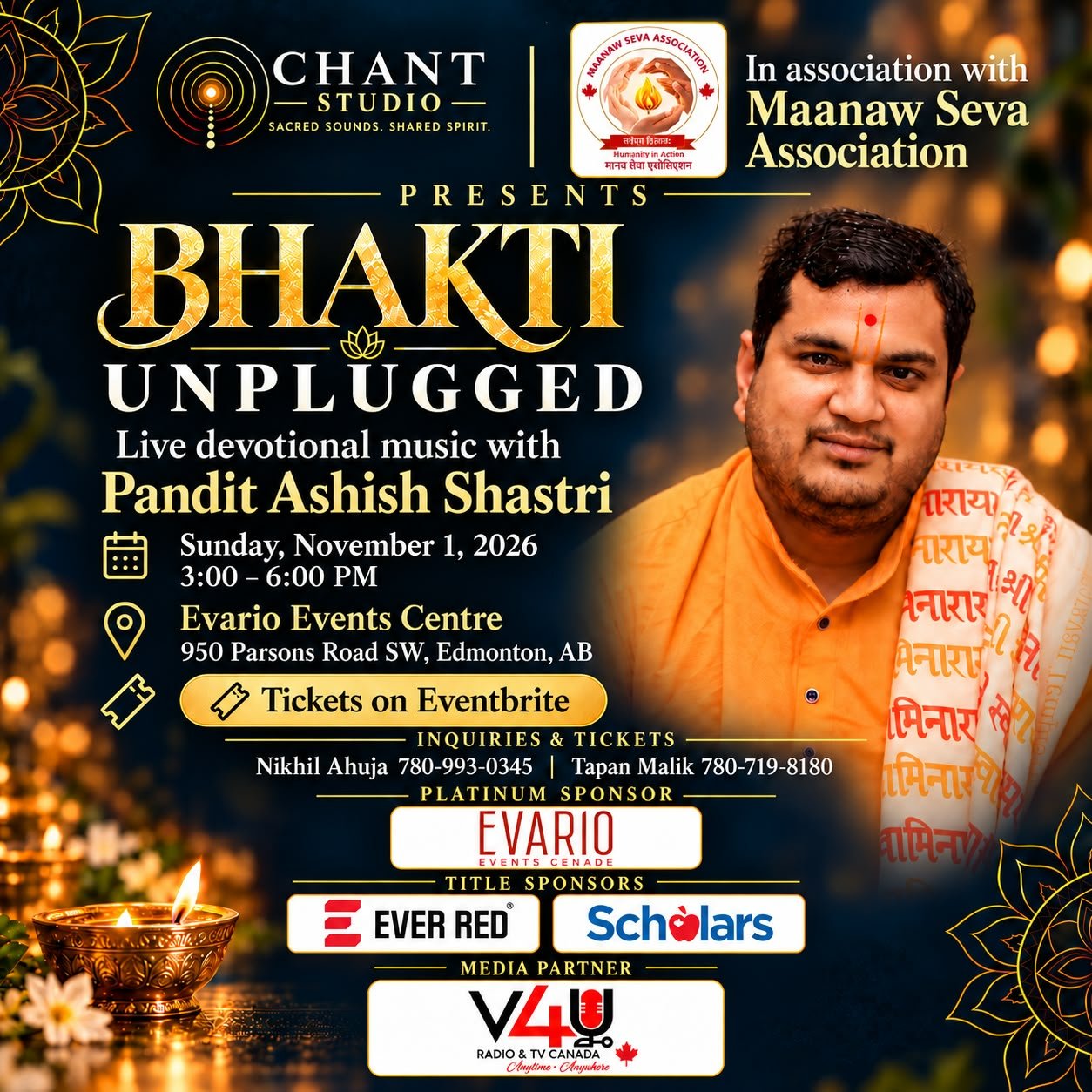Bhakti Unplugged - live devotional music with Pandit Ashish Shastri, Sunday, November 1, 2026, 3-6 PM at Evario Events Centre, Edmonton